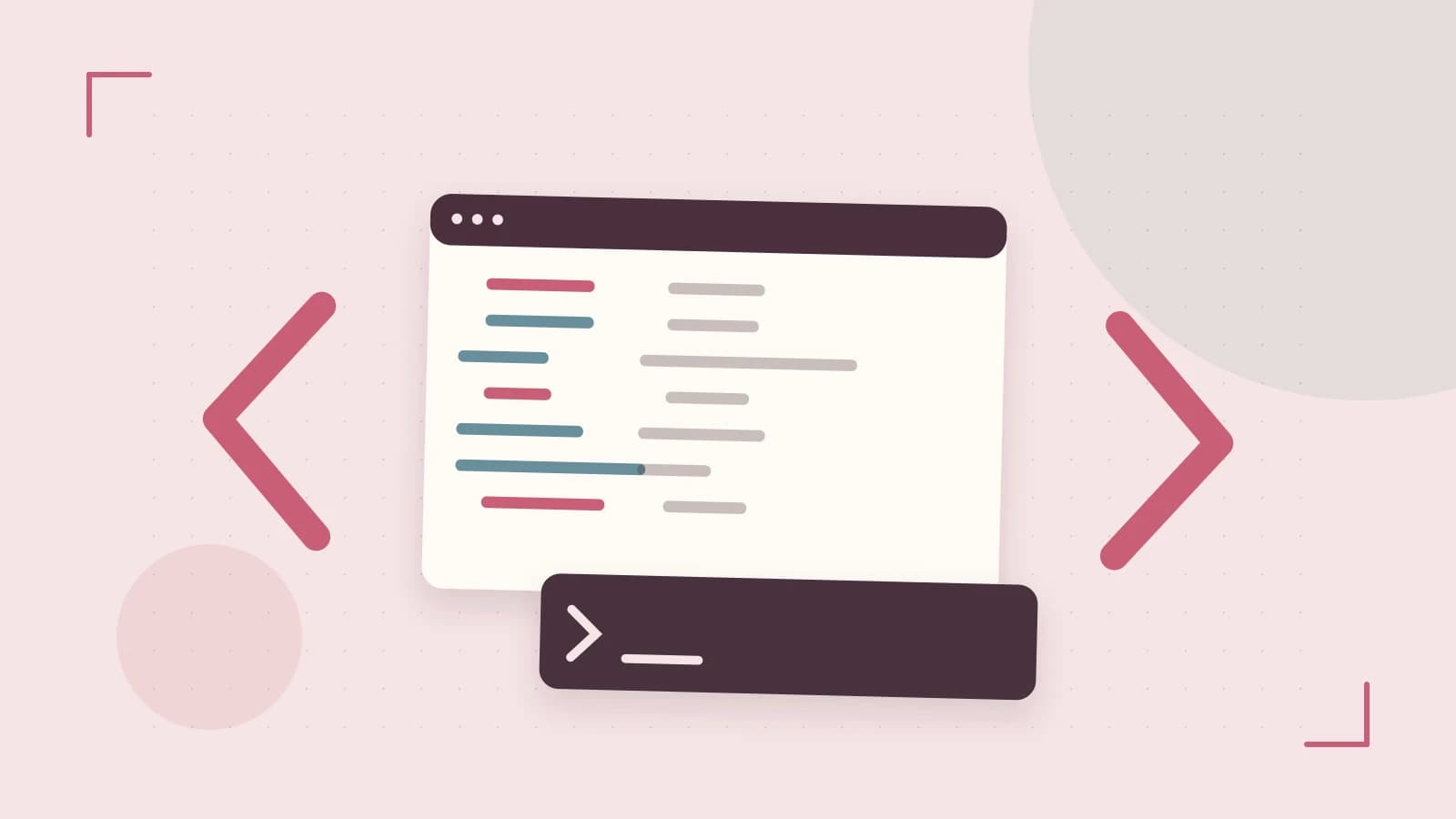 Editorial illustration of an abstract code editor, syntax blocks and oversized programming brackets