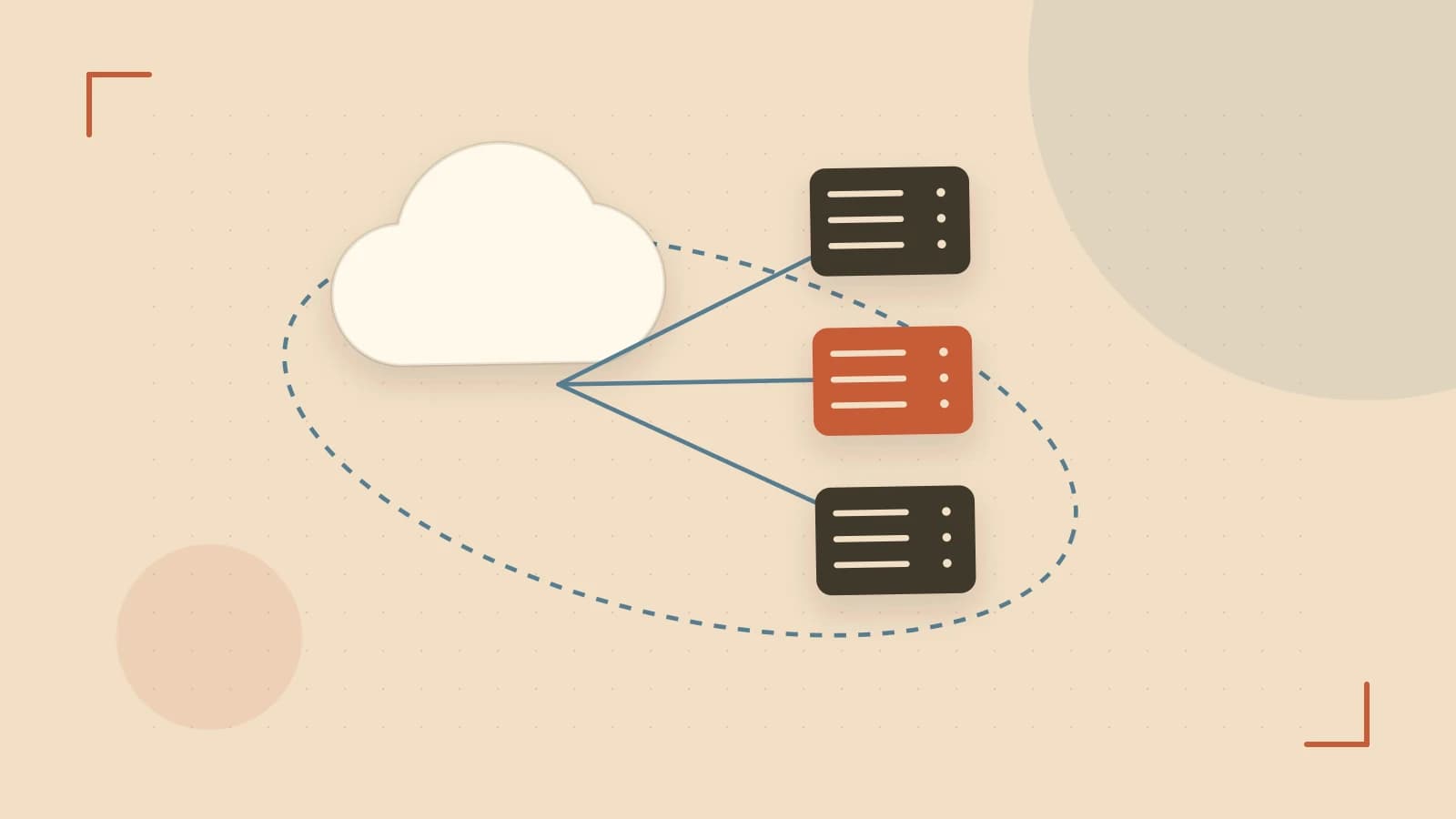 Editorial illustration of cloud infrastructure, connected server racks and an orbital service map