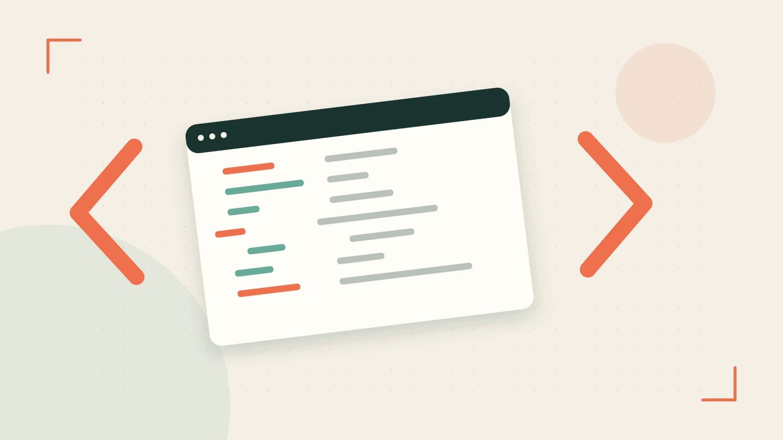 Editorial illustration of an abstract code editor, syntax blocks and oversized programming brackets