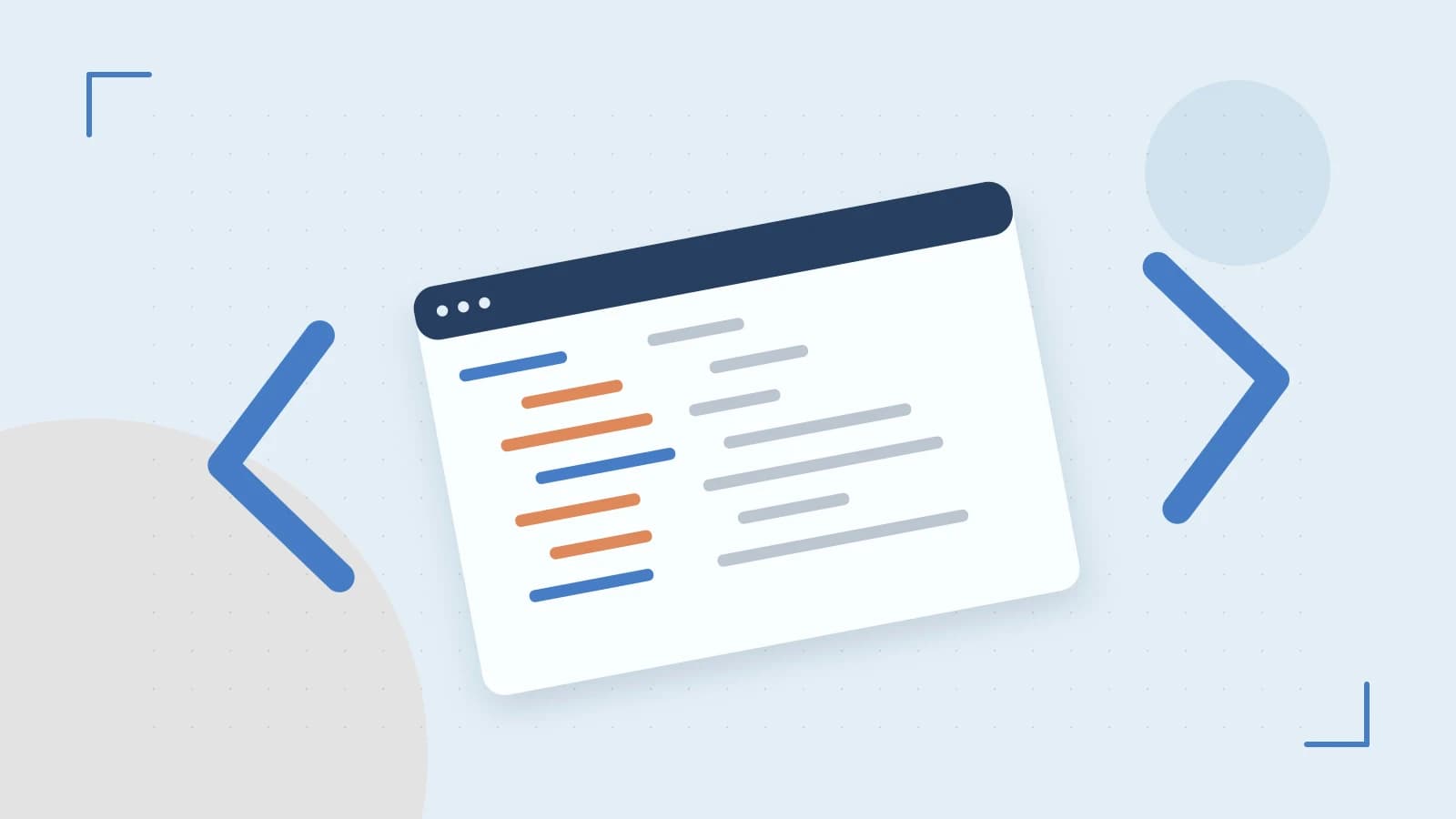 Editorial illustration of an abstract code editor, syntax blocks and oversized programming brackets
