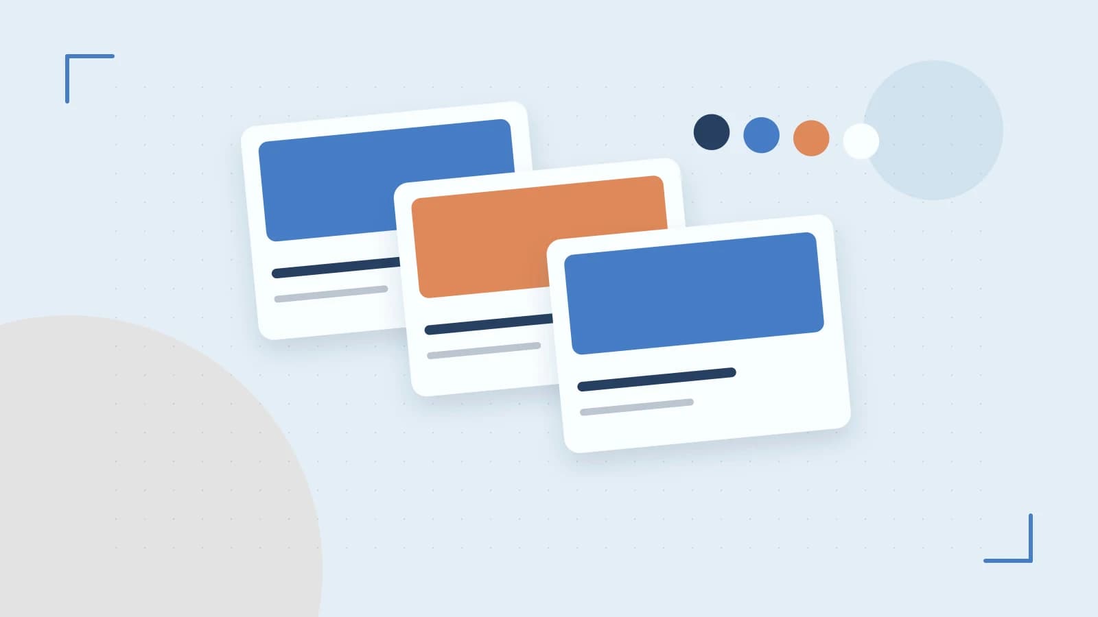Editorial illustration of responsive browser layouts, overlapping design components and a color system