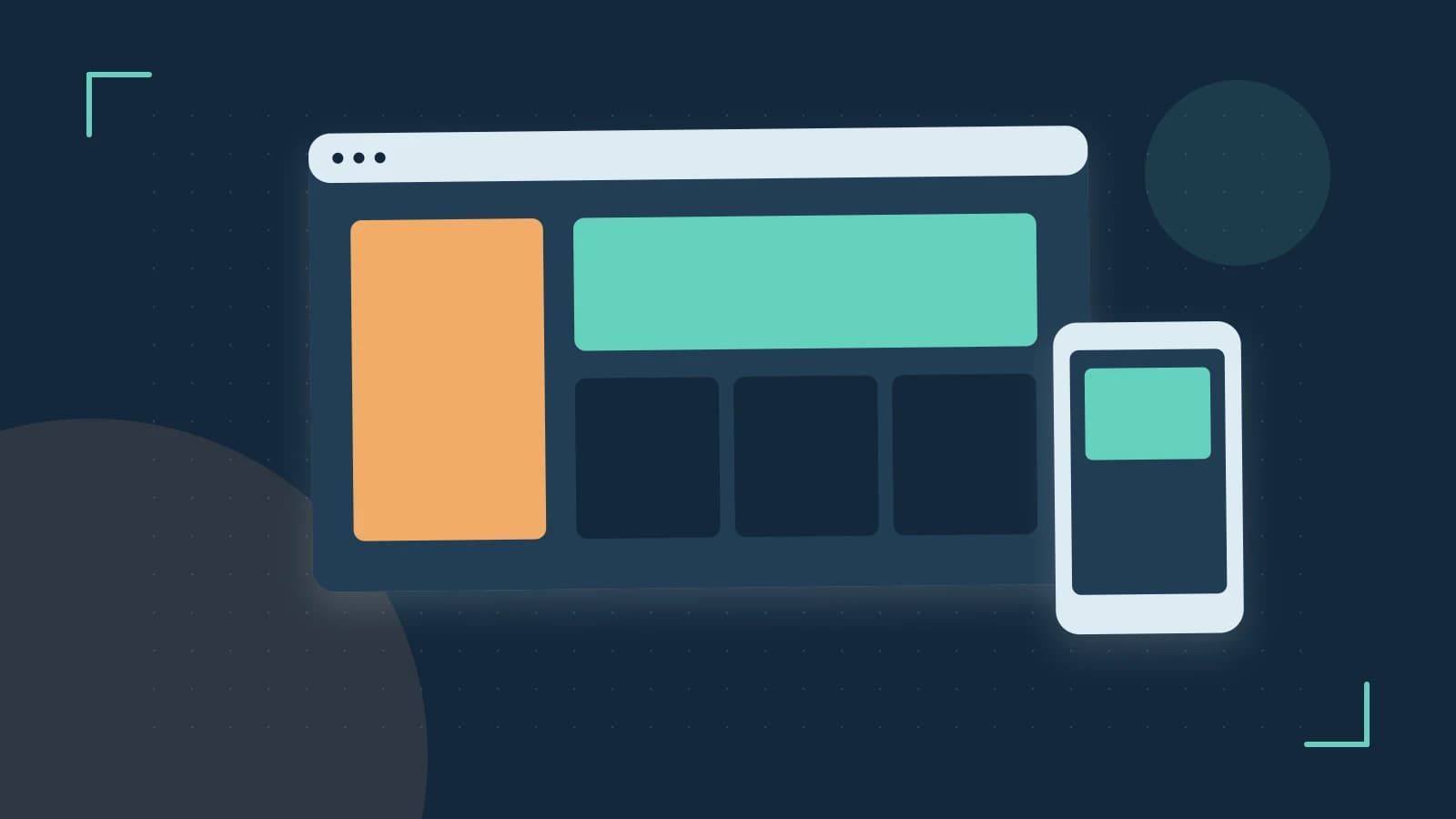 Editorial illustration of responsive browser layouts, overlapping design components and a color system