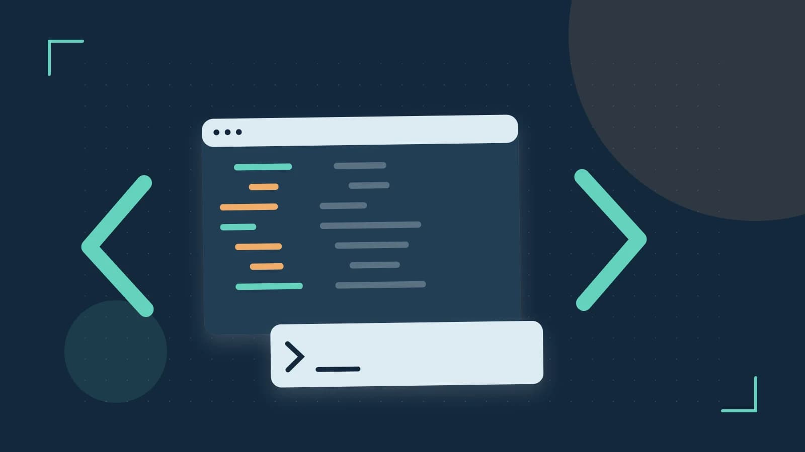 Editorial illustration of an abstract code editor, syntax blocks and oversized programming brackets