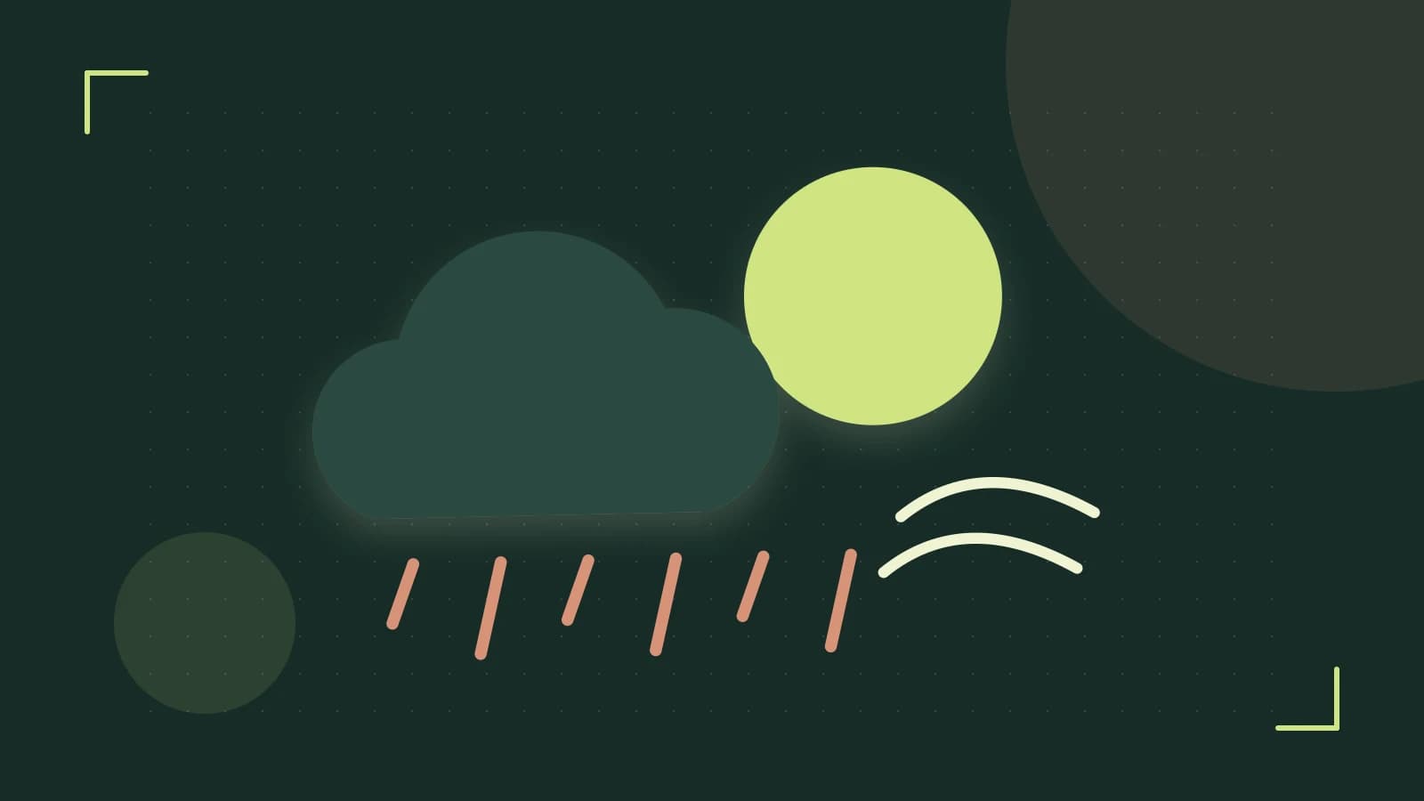 Editorial illustration of a sun, layered clouds, raindrops and flowing weather patterns