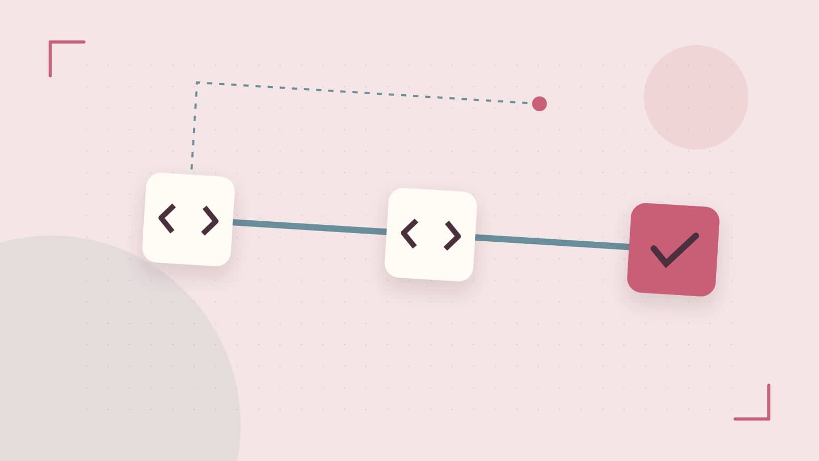 Editorial illustration of a branching build pipeline, staged transformations and a completed check