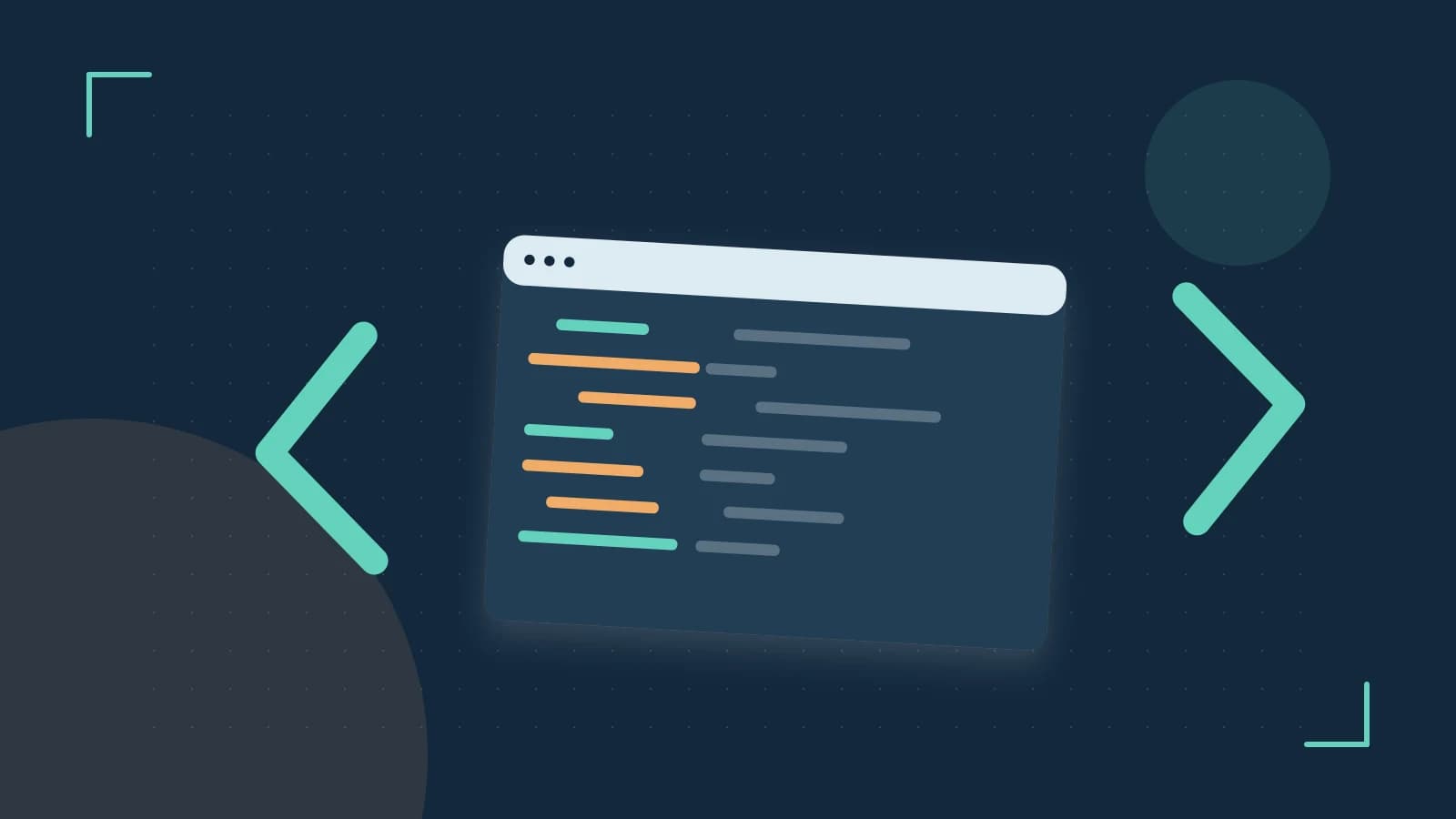 Editorial illustration of an abstract code editor, syntax blocks and oversized programming brackets