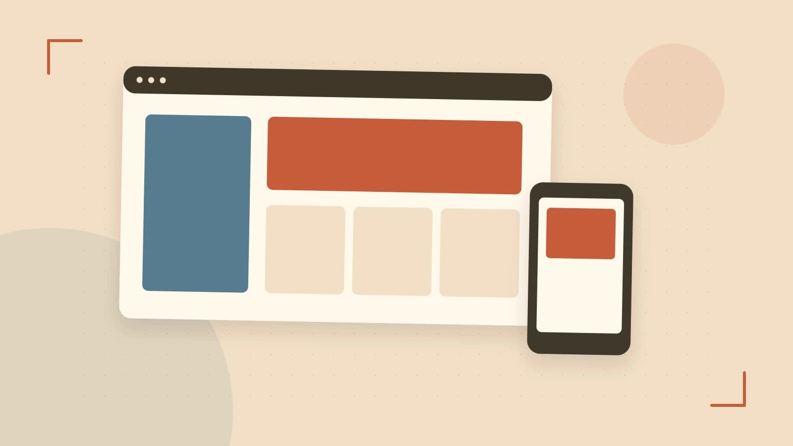 Editorial illustration of responsive browser layouts, overlapping design components and a color system