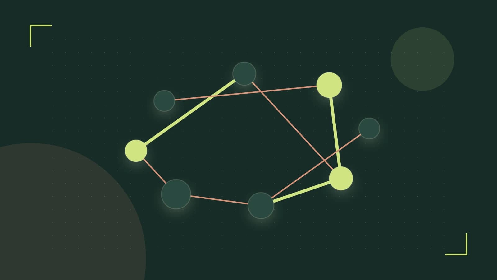 Editorial illustration of an algorithmic node graph with branching paths and a highlighted result