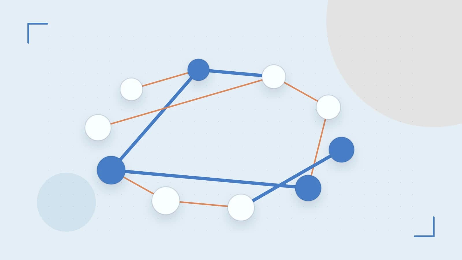 Editorial illustration of an algorithmic node graph with branching paths and a highlighted result