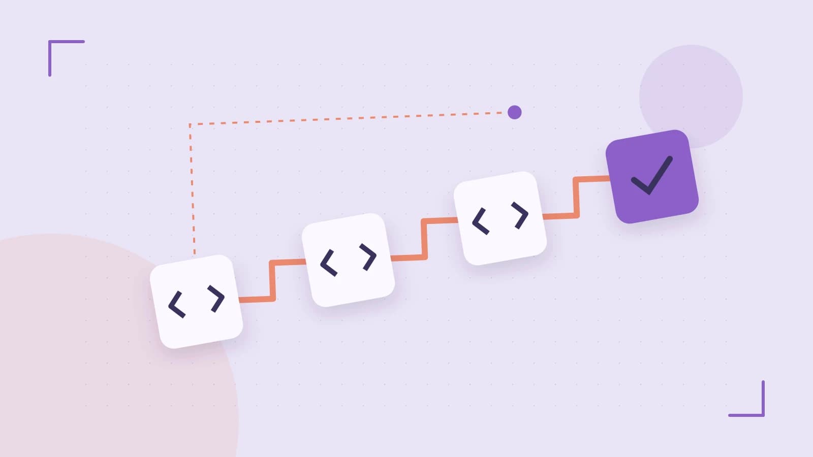 Editorial illustration of a branching build pipeline, staged transformations and a completed check