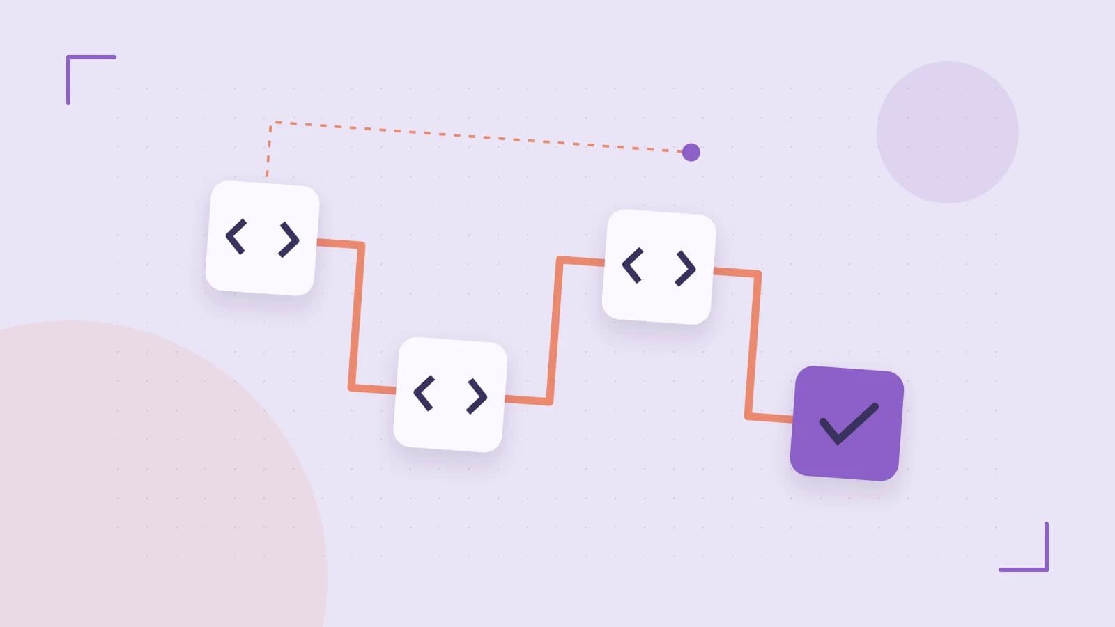 Editorial illustration of a branching build pipeline, staged transformations and a completed check