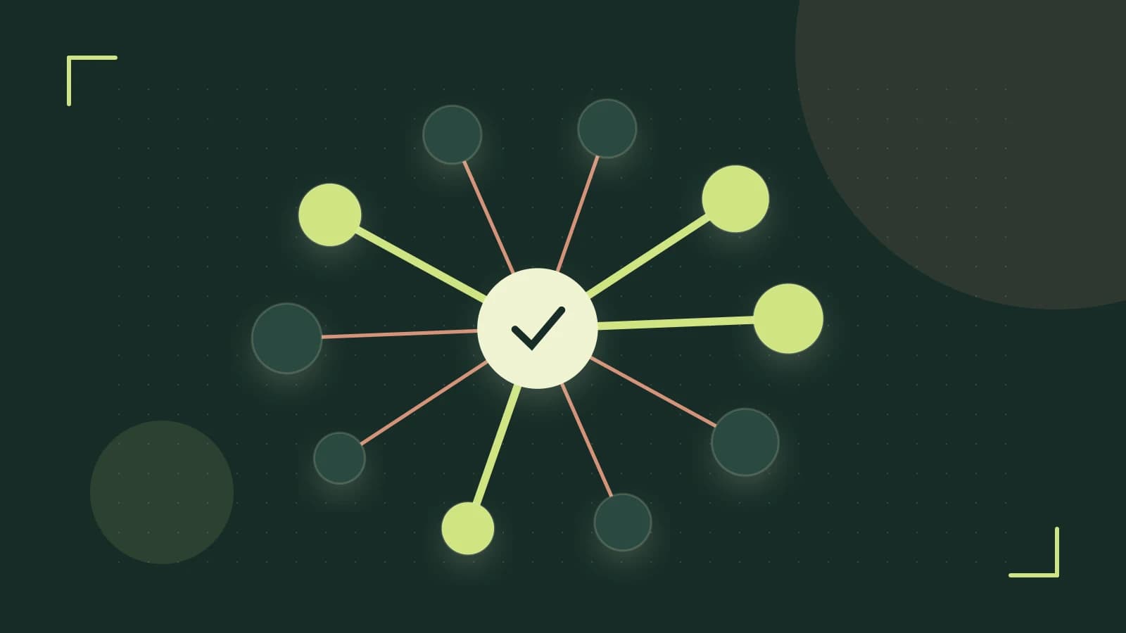 Editorial illustration of an algorithmic node graph with branching paths and a highlighted result
