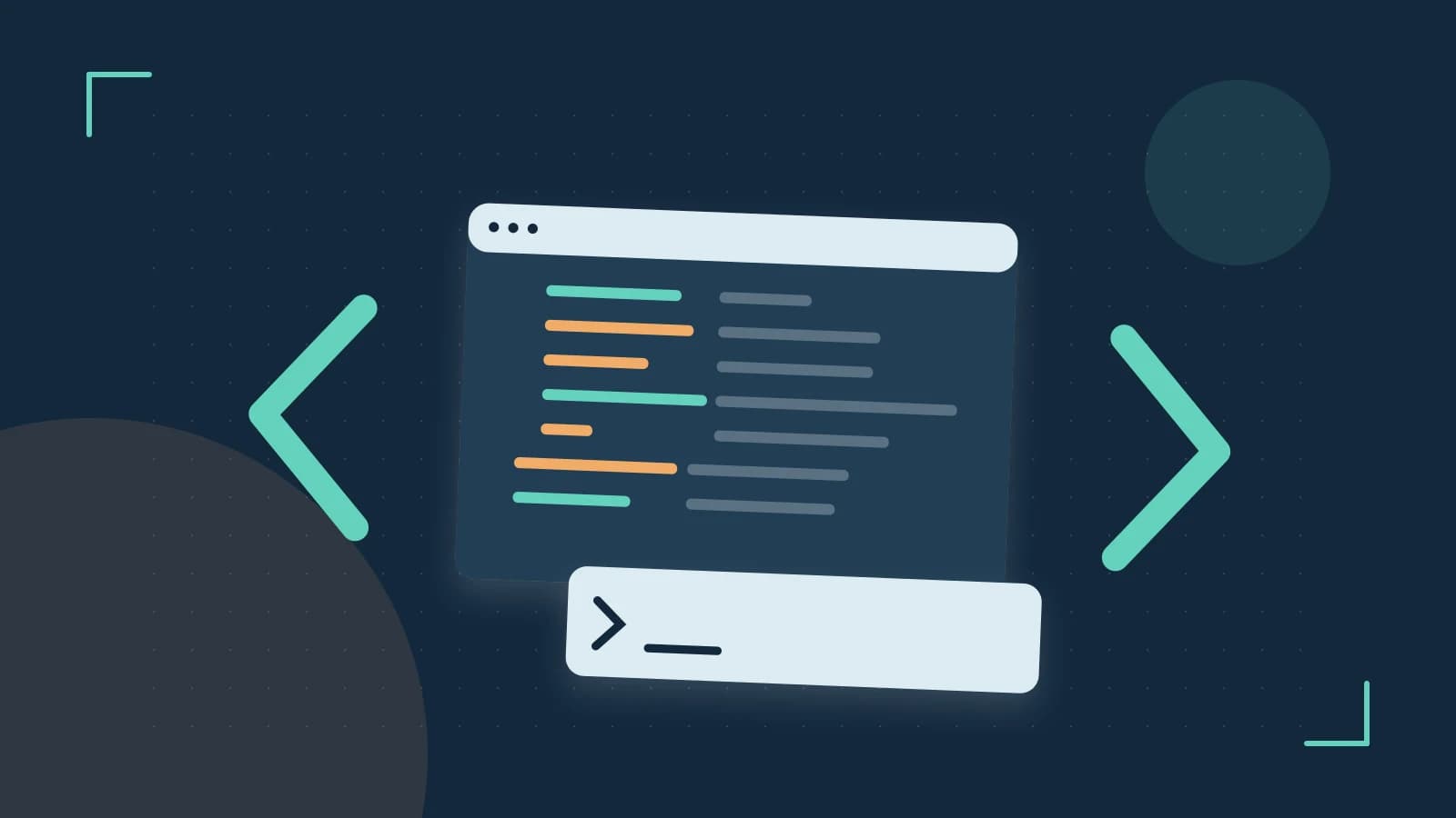 Editorial illustration of an abstract code editor, syntax blocks and oversized programming brackets