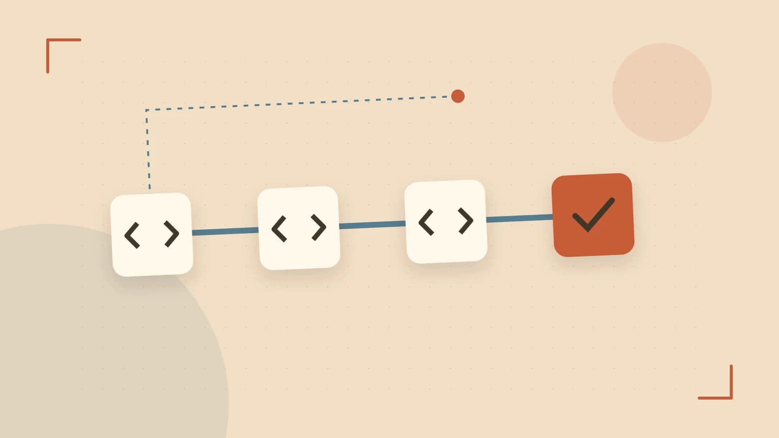 Editorial illustration of a branching build pipeline, staged transformations and a completed check