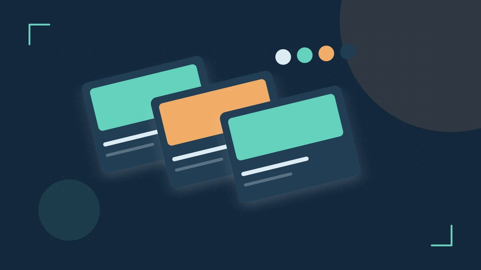 Editorial illustration of responsive browser layouts, overlapping design components and a color system