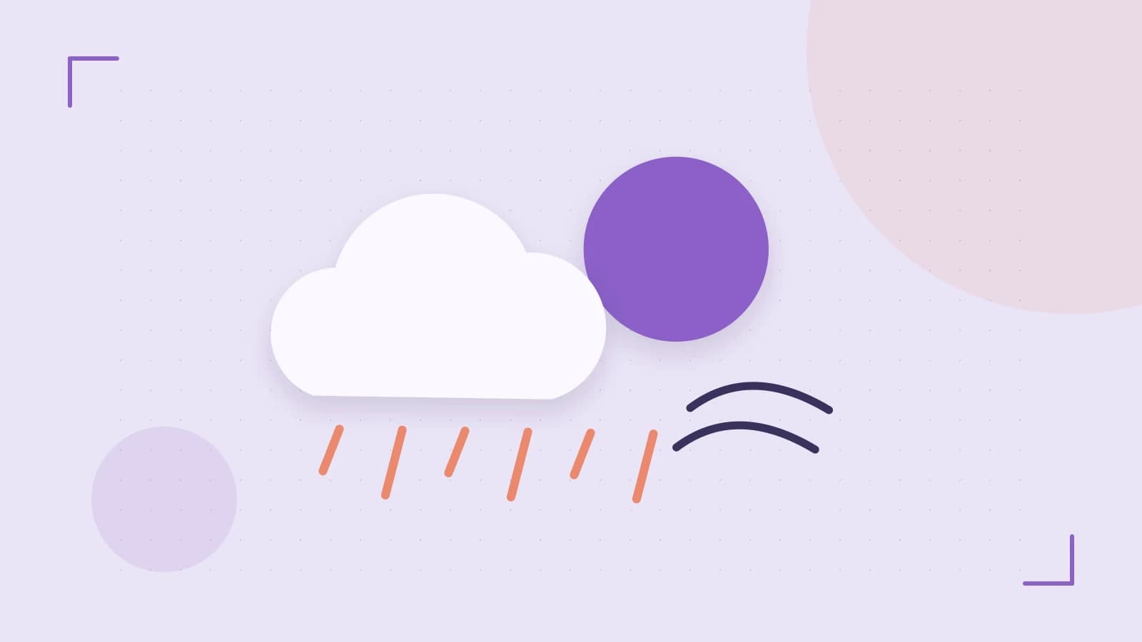 Editorial illustration of a sun, layered clouds, raindrops and flowing weather patterns