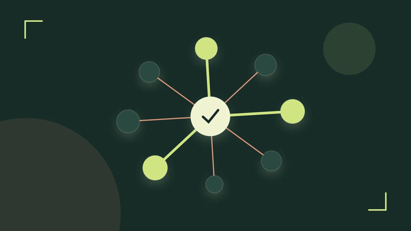 Editorial illustration of an algorithmic node graph with branching paths and a highlighted result