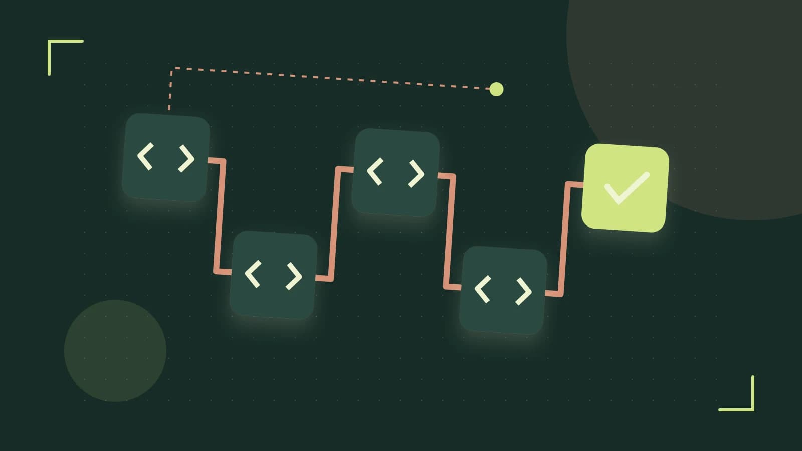 Editorial illustration of a branching build pipeline, staged transformations and a completed check