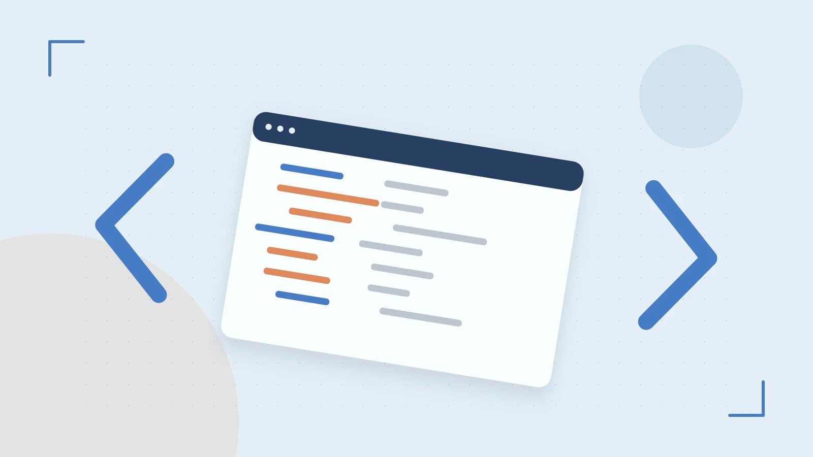 Editorial illustration of an abstract code editor, syntax blocks and oversized programming brackets