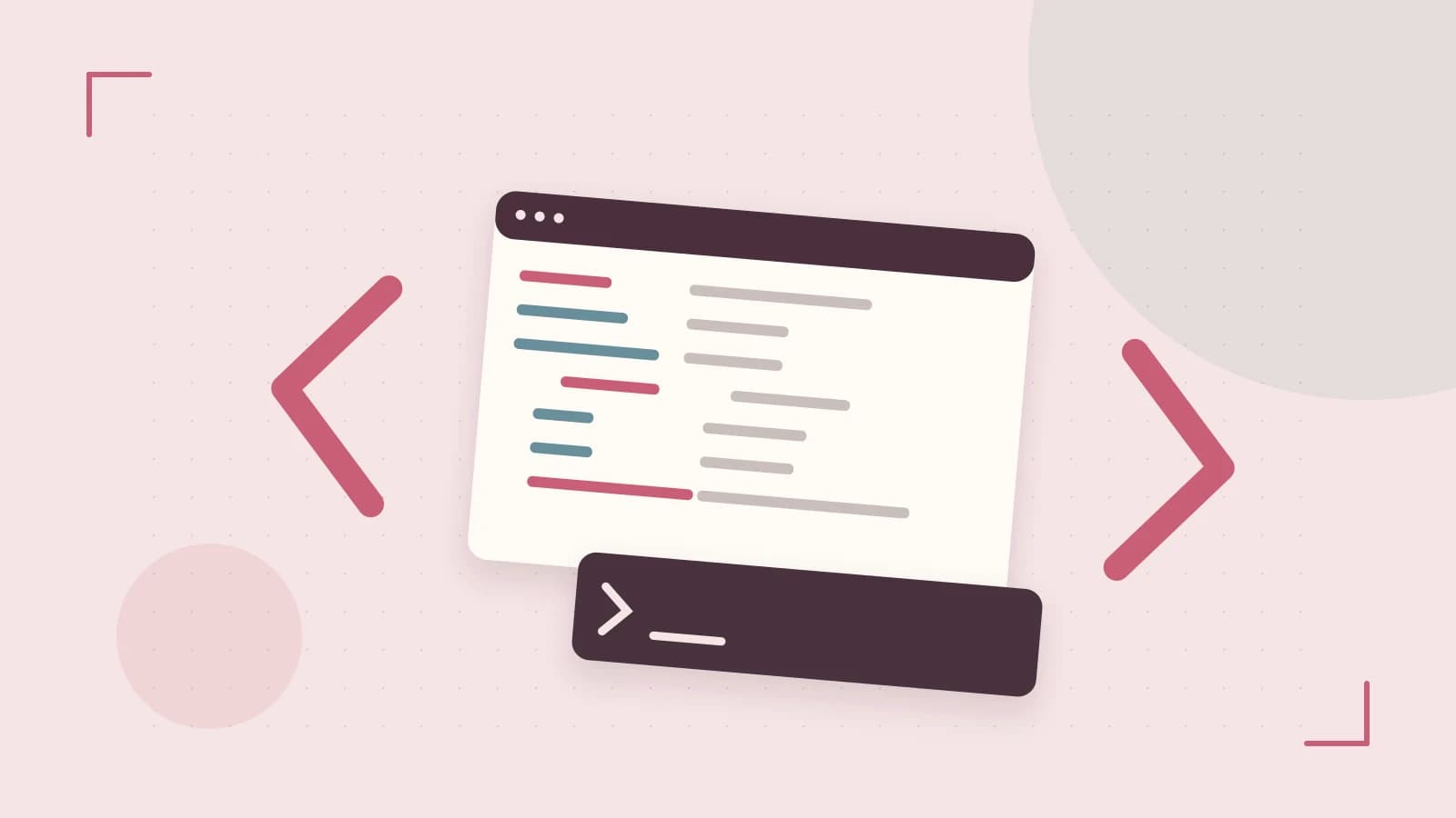Editorial illustration of an abstract code editor, syntax blocks and oversized programming brackets
