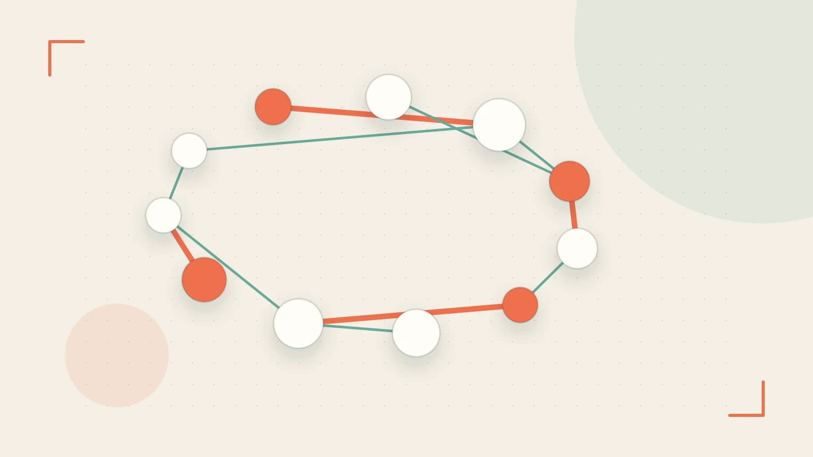 Editorial illustration of an algorithmic node graph with branching paths and a highlighted result