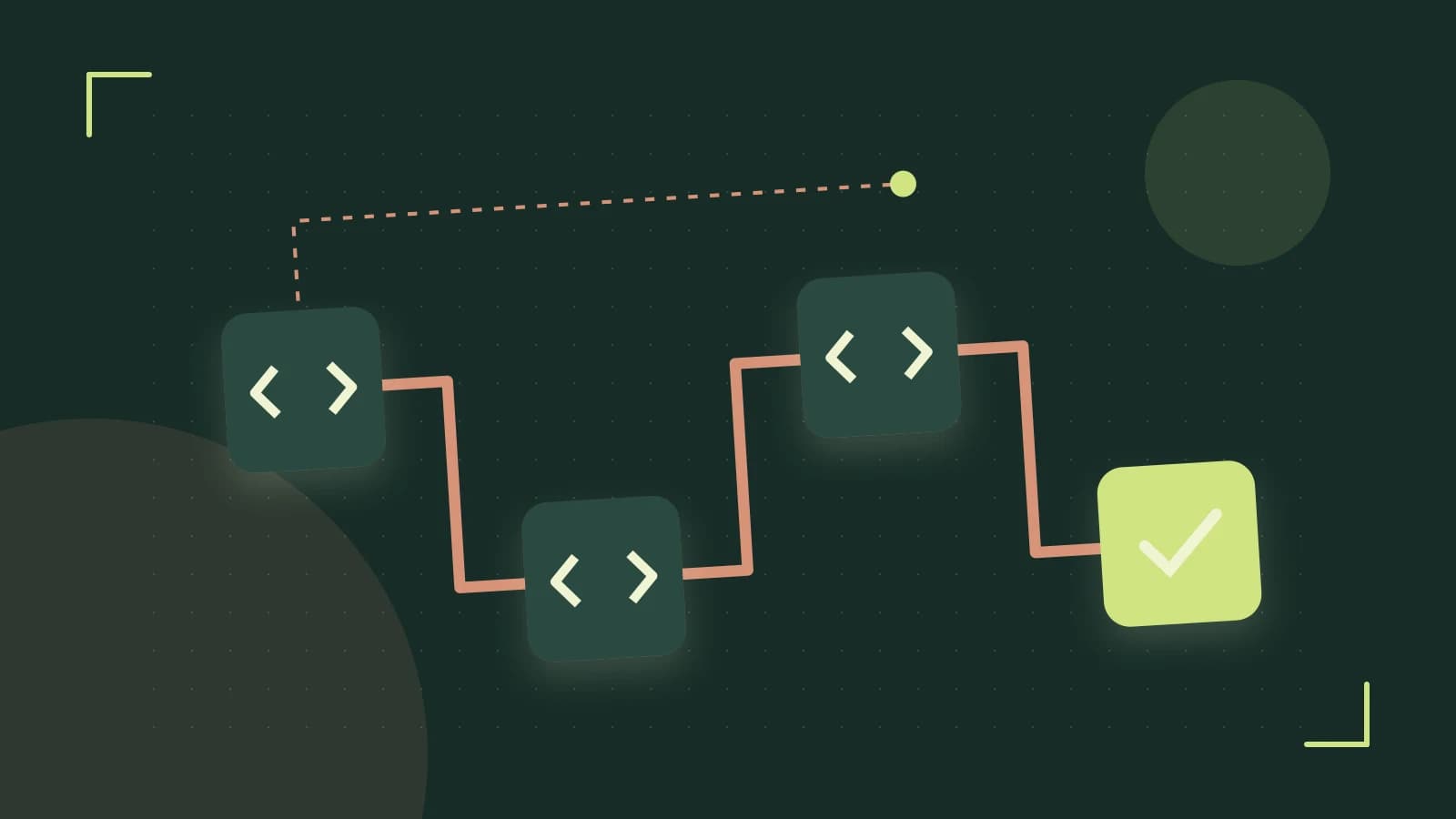 Editorial illustration of a branching build pipeline, staged transformations and a completed check