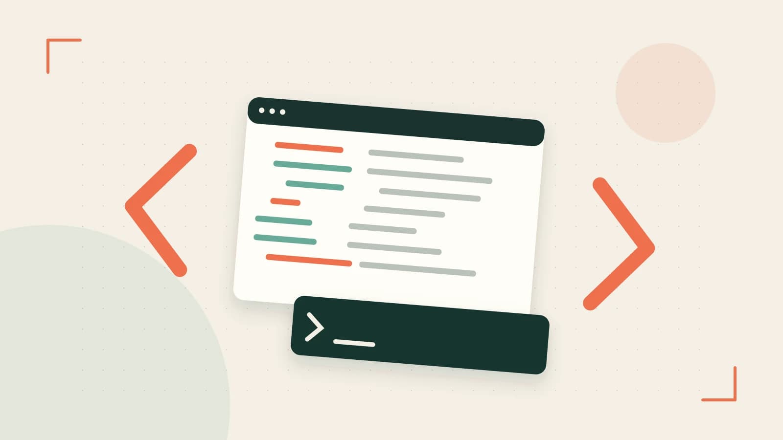 Editorial illustration of an abstract code editor, syntax blocks and oversized programming brackets
