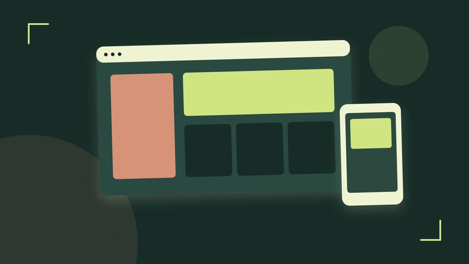Editorial illustration of responsive browser layouts, overlapping design components and a color system
