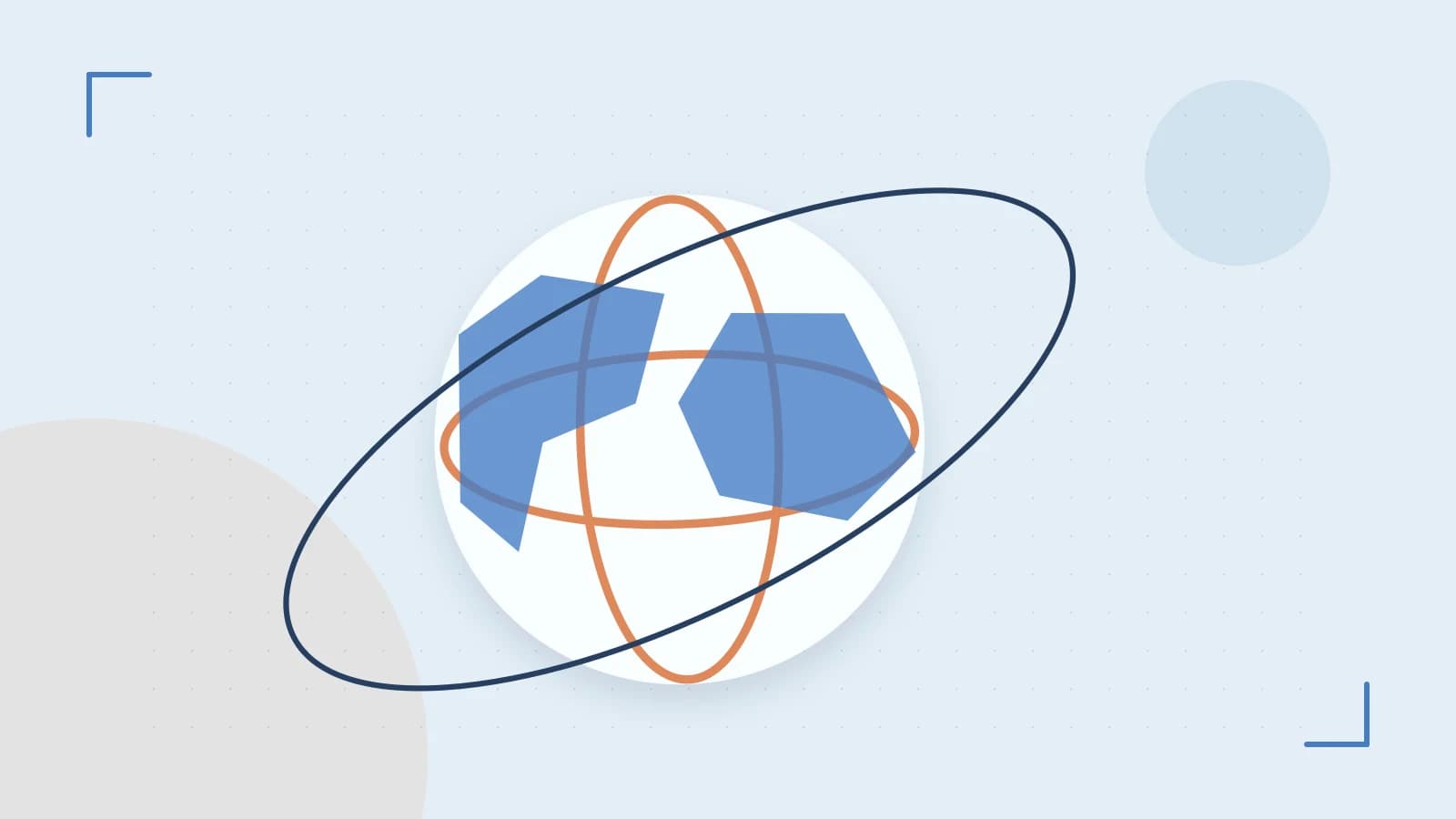 Editorial illustration of an editorial globe with meridians and layered geographic shapes