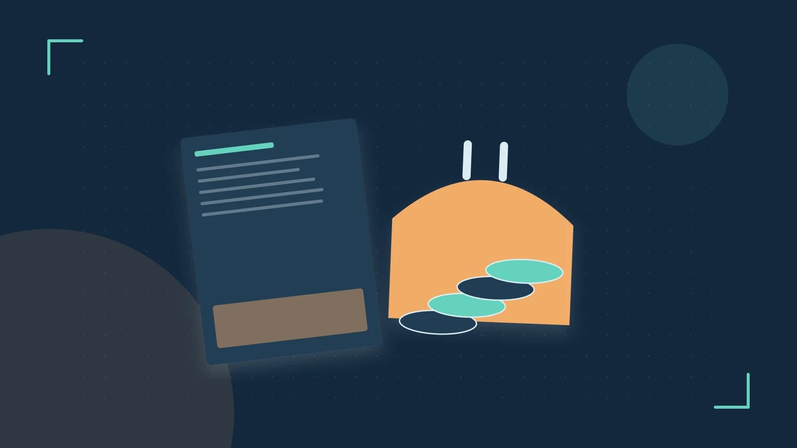 Editorial illustration of abstract coins, a payment card and a geometric financial chart without data labels