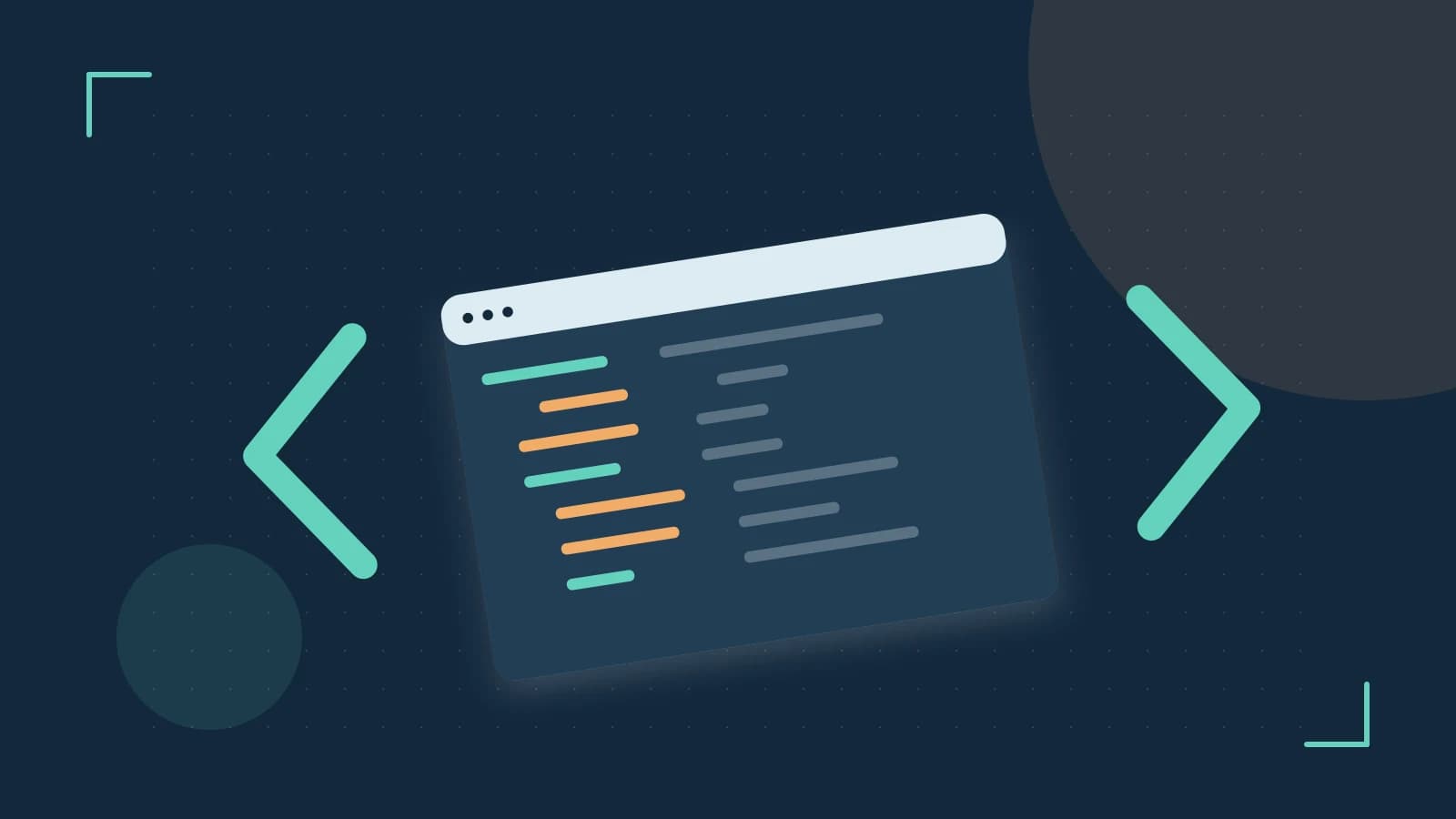 Editorial illustration of an abstract code editor, syntax blocks and oversized programming brackets