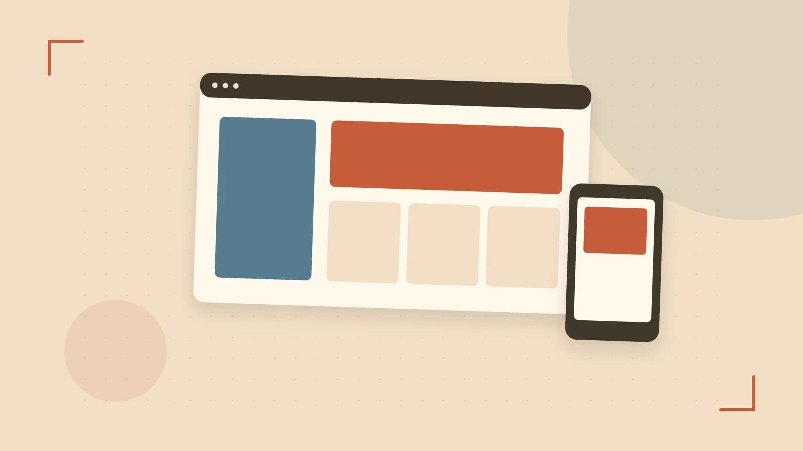Editorial illustration of responsive browser layouts, overlapping design components and a color system