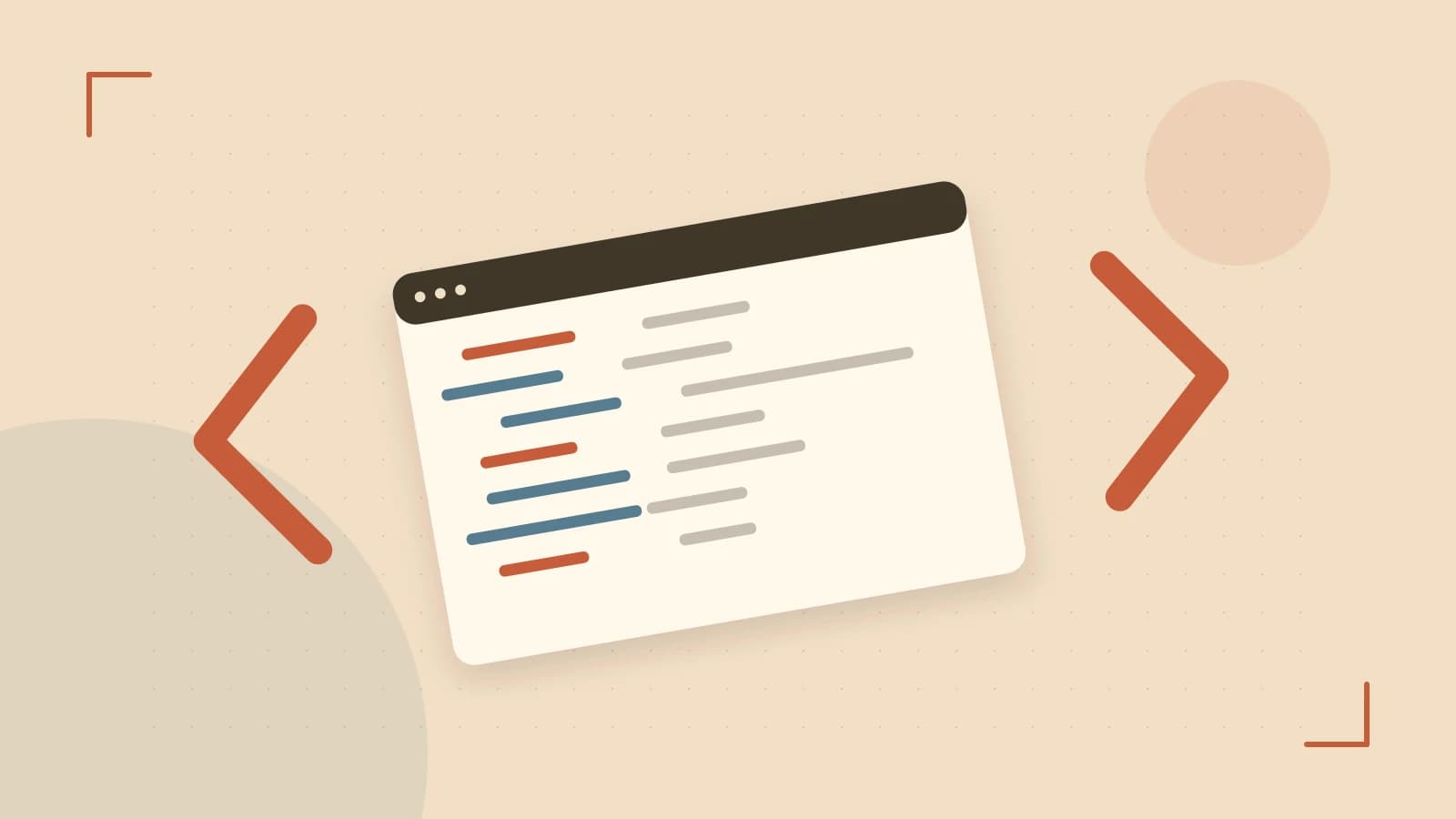 Editorial illustration of an abstract code editor, syntax blocks and oversized programming brackets