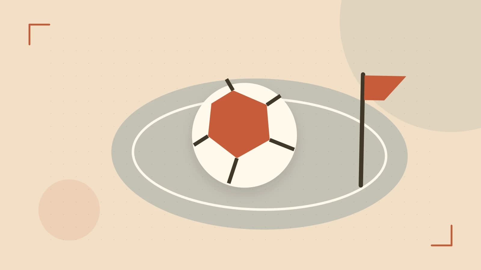 Editorial illustration of a stylized sports ball, stadium geometry and dynamic arcs