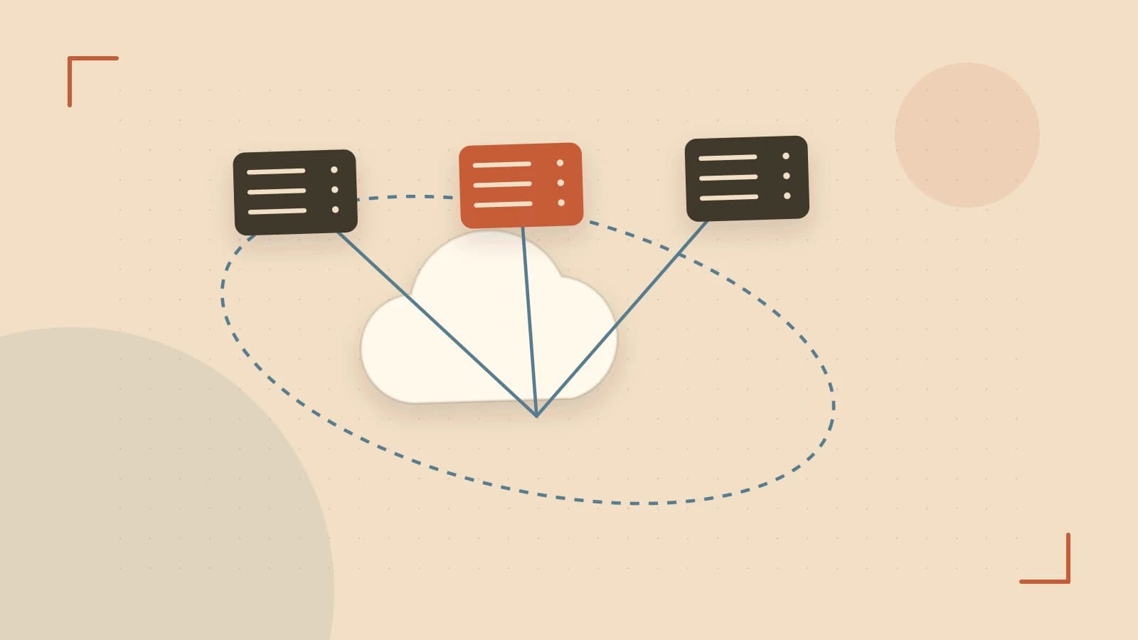 Editorial illustration of cloud infrastructure, connected server racks and an orbital service map