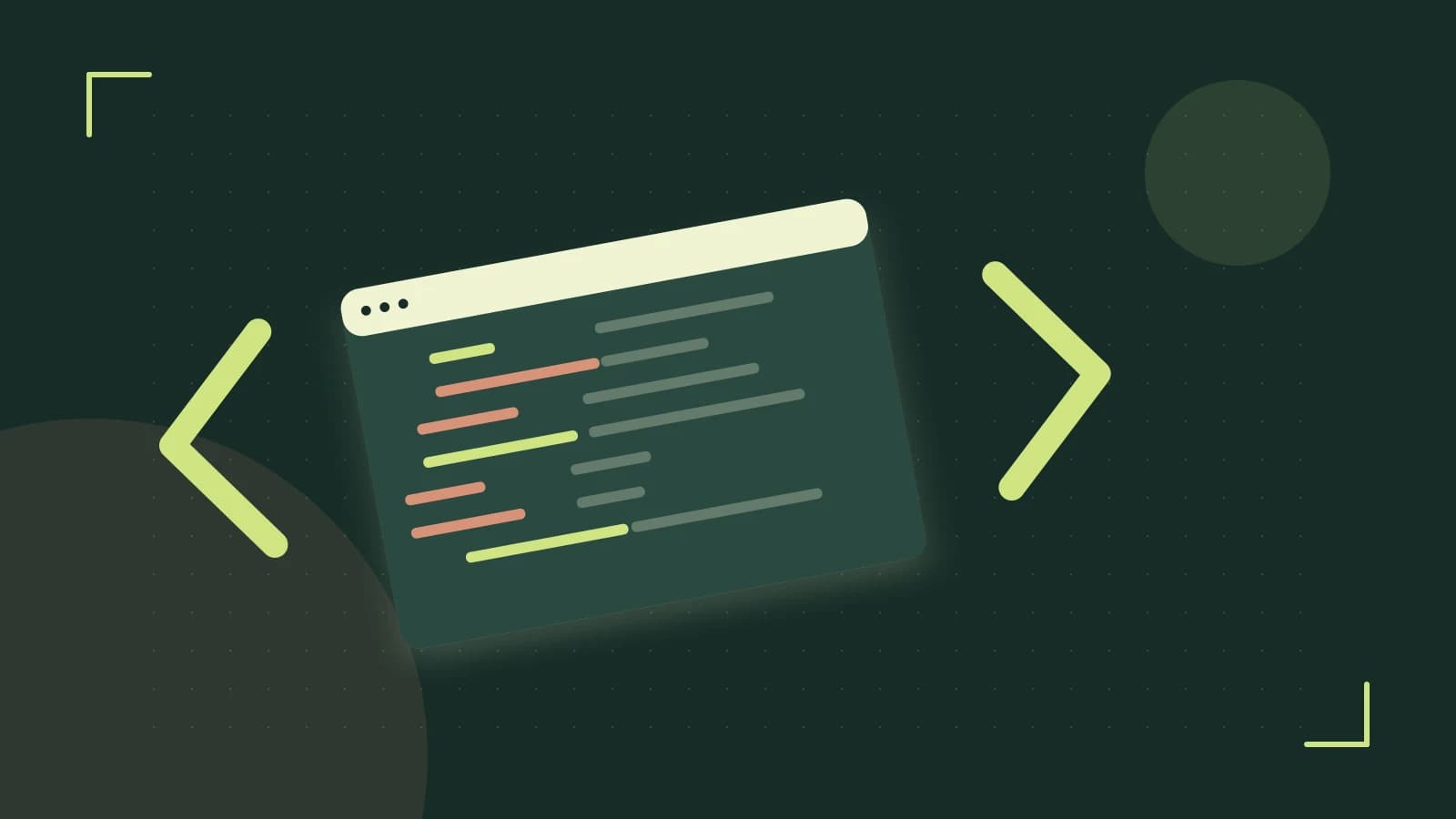 Editorial illustration of an abstract code editor, syntax blocks and oversized programming brackets