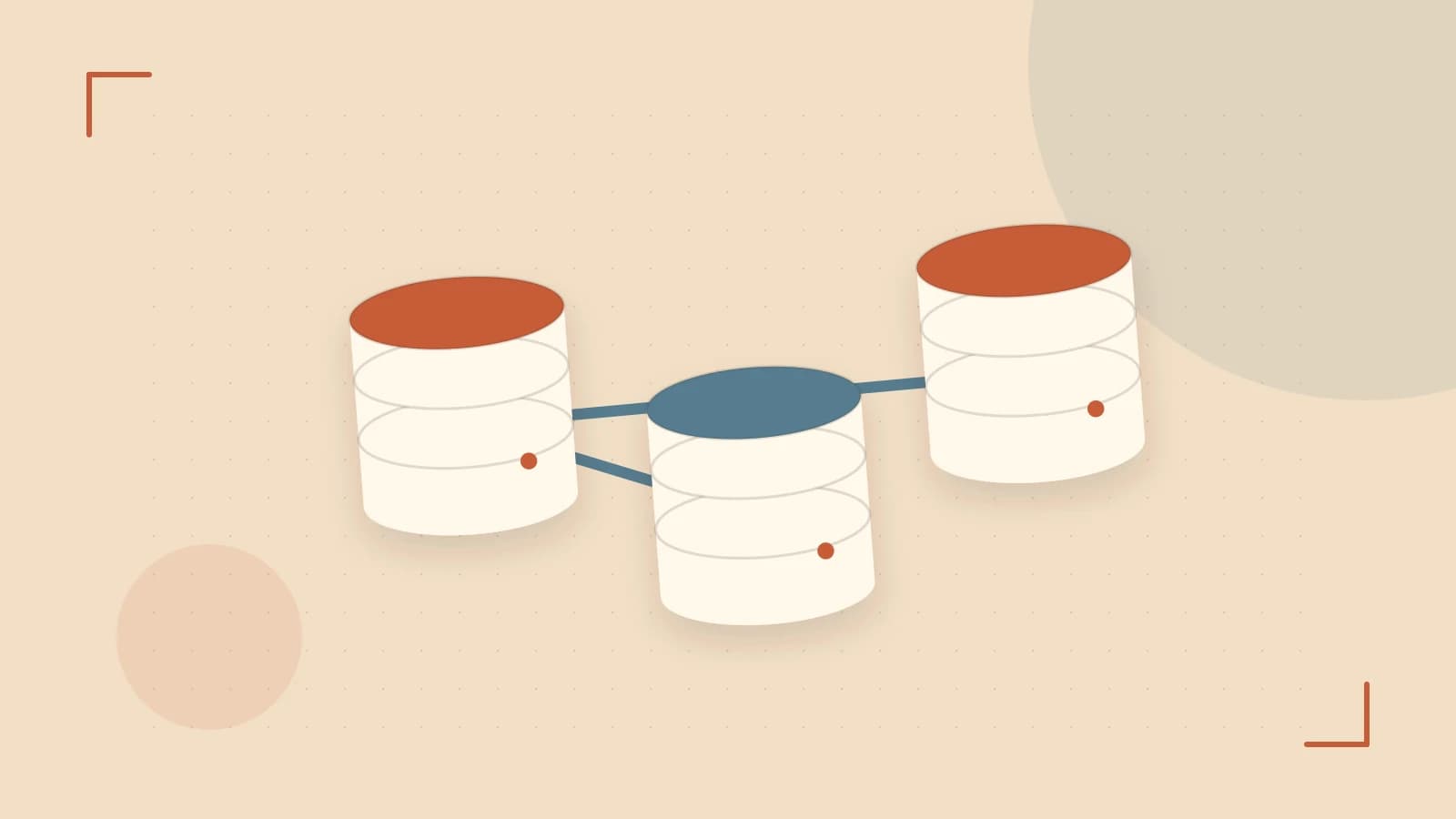 Editorial illustration of structured records, database cylinders and relationships between tables