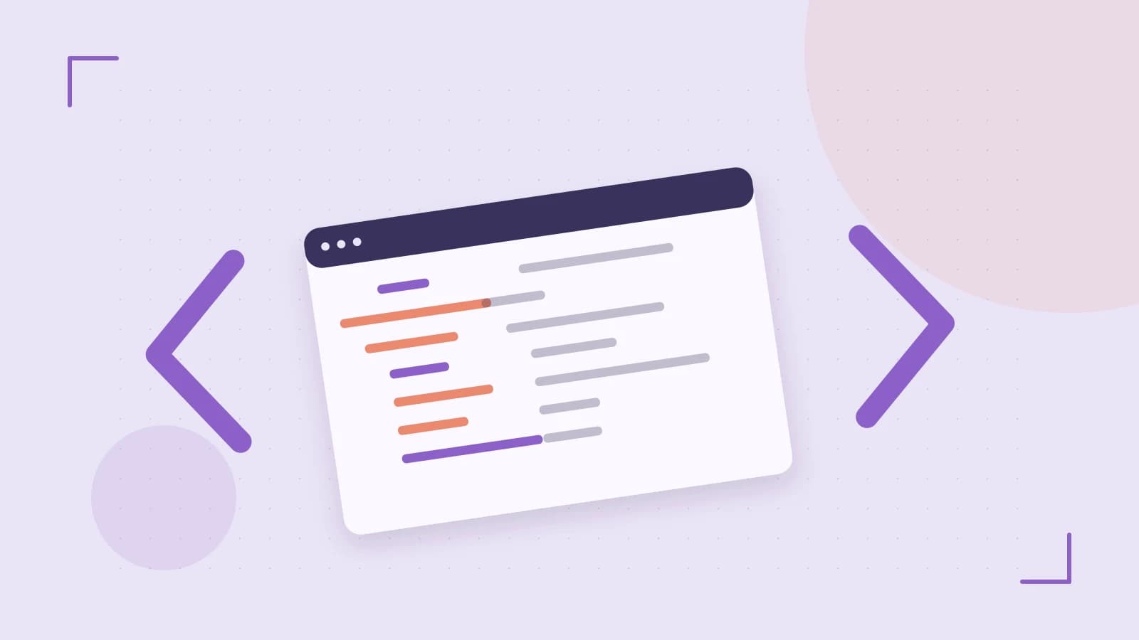 Editorial illustration of an abstract code editor, syntax blocks and oversized programming brackets