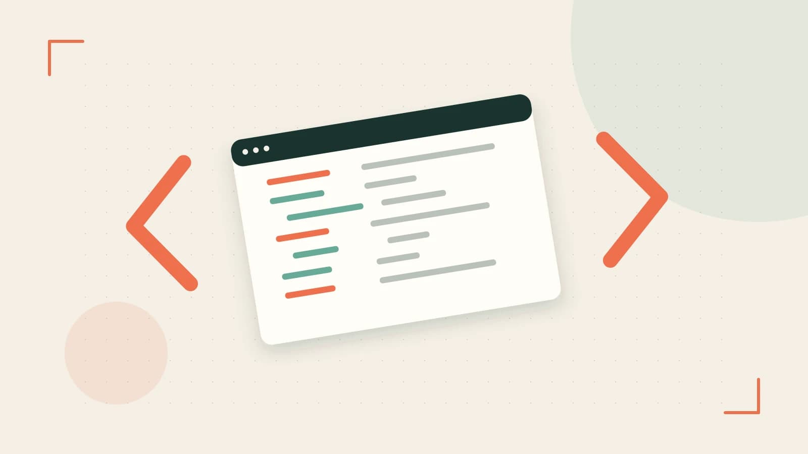 Editorial illustration of an abstract code editor, syntax blocks and oversized programming brackets