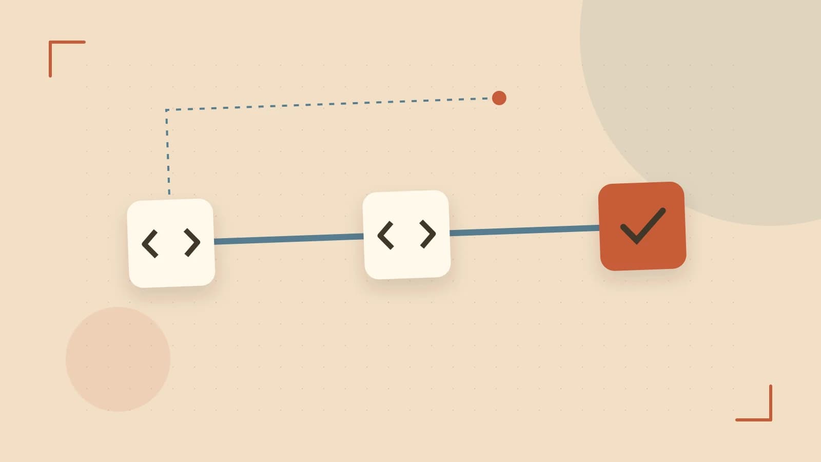 Editorial illustration of a branching build pipeline, staged transformations and a completed check