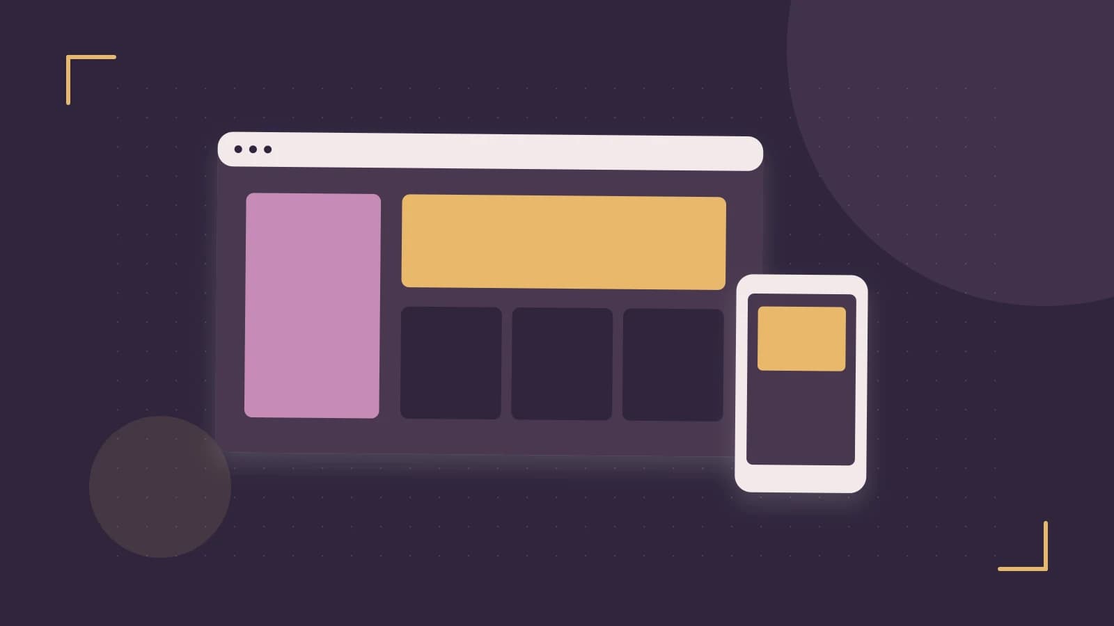 Editorial illustration of responsive browser layouts, overlapping design components and a color system