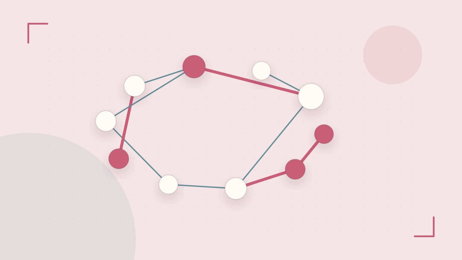 Editorial illustration of an algorithmic node graph with branching paths and a highlighted result