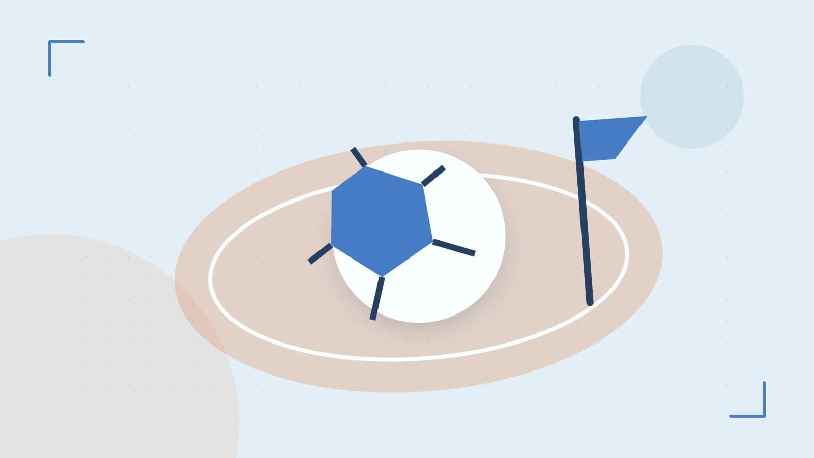 Editorial illustration of a stylized sports ball, stadium geometry and dynamic arcs