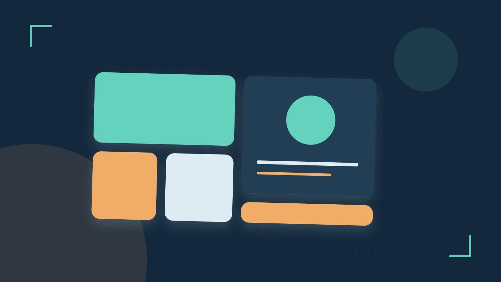 Editorial illustration of responsive browser layouts, overlapping design components and a color system