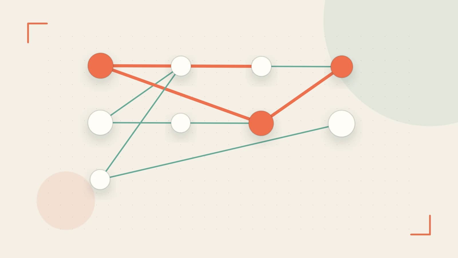 Editorial illustration of an algorithmic node graph with branching paths and a highlighted result