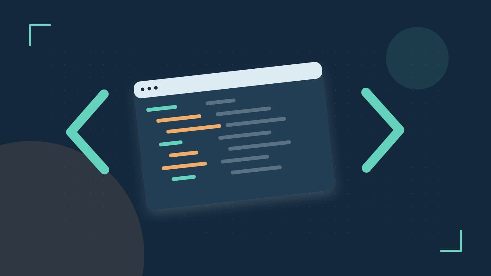 Editorial illustration of an abstract code editor, syntax blocks and oversized programming brackets