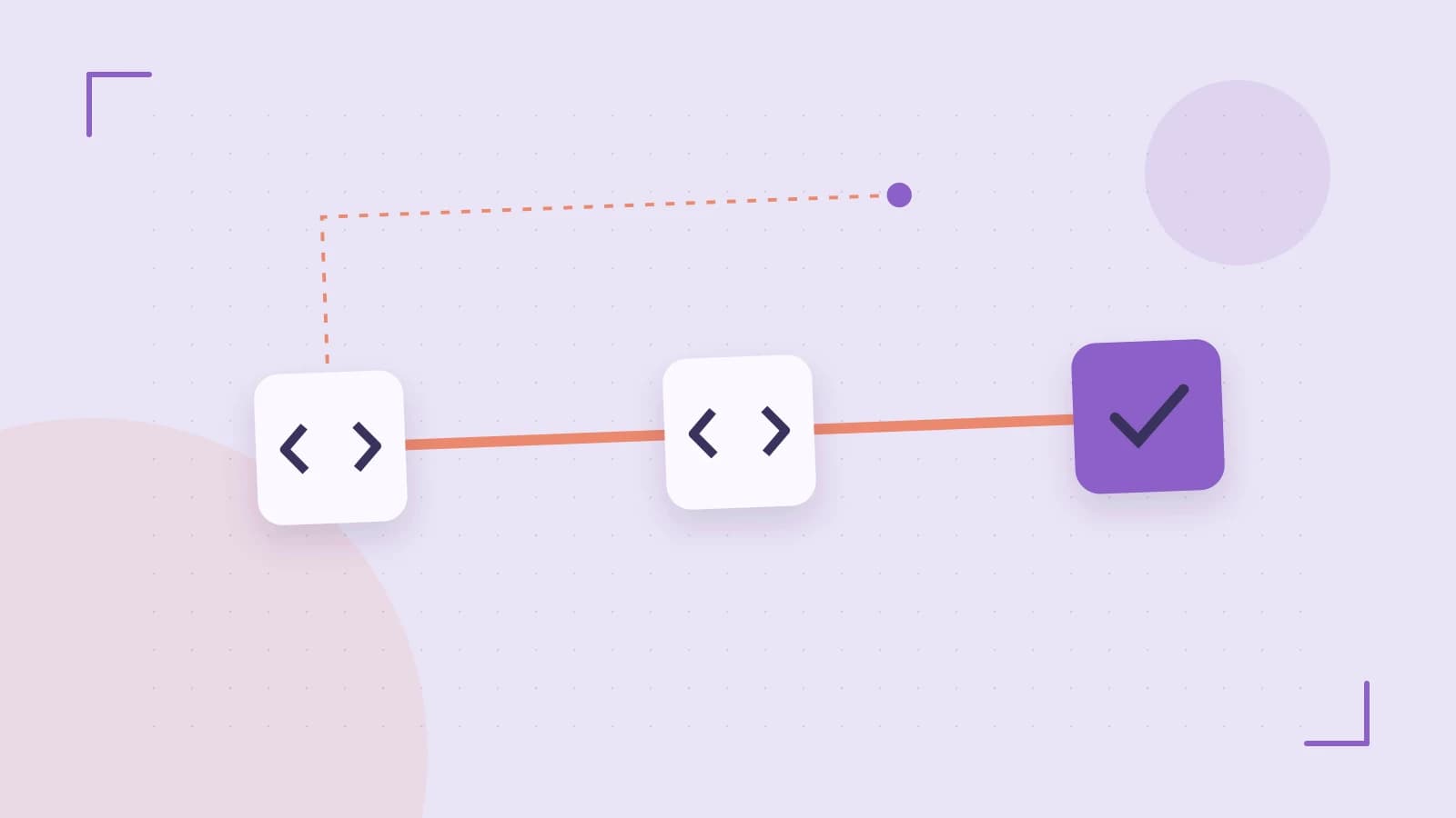 Editorial illustration of a branching build pipeline, staged transformations and a completed check