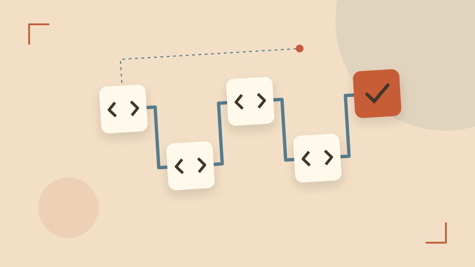 Editorial illustration of a branching build pipeline, staged transformations and a completed check