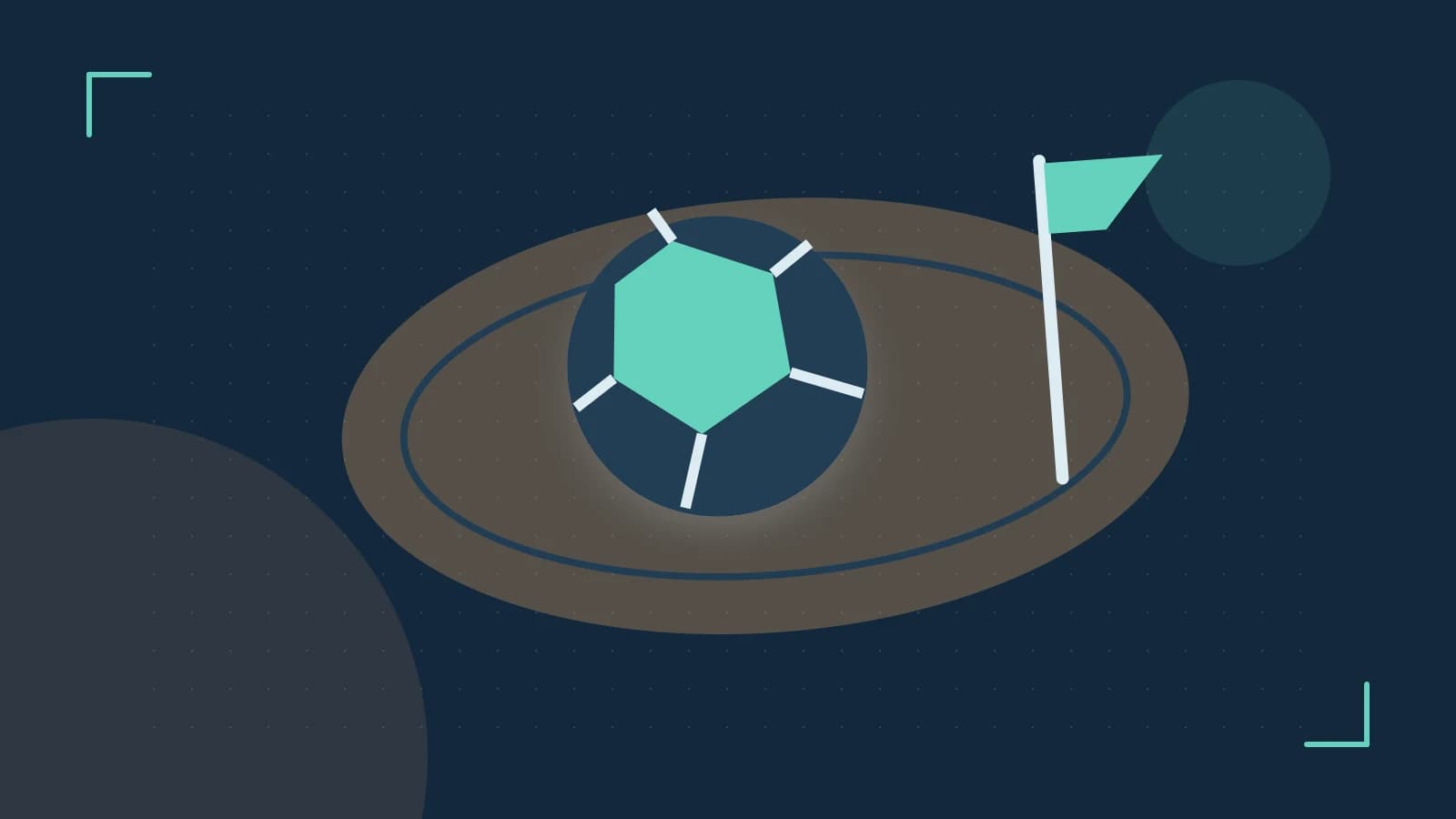 Editorial illustration of a stylized sports ball, stadium geometry and dynamic arcs