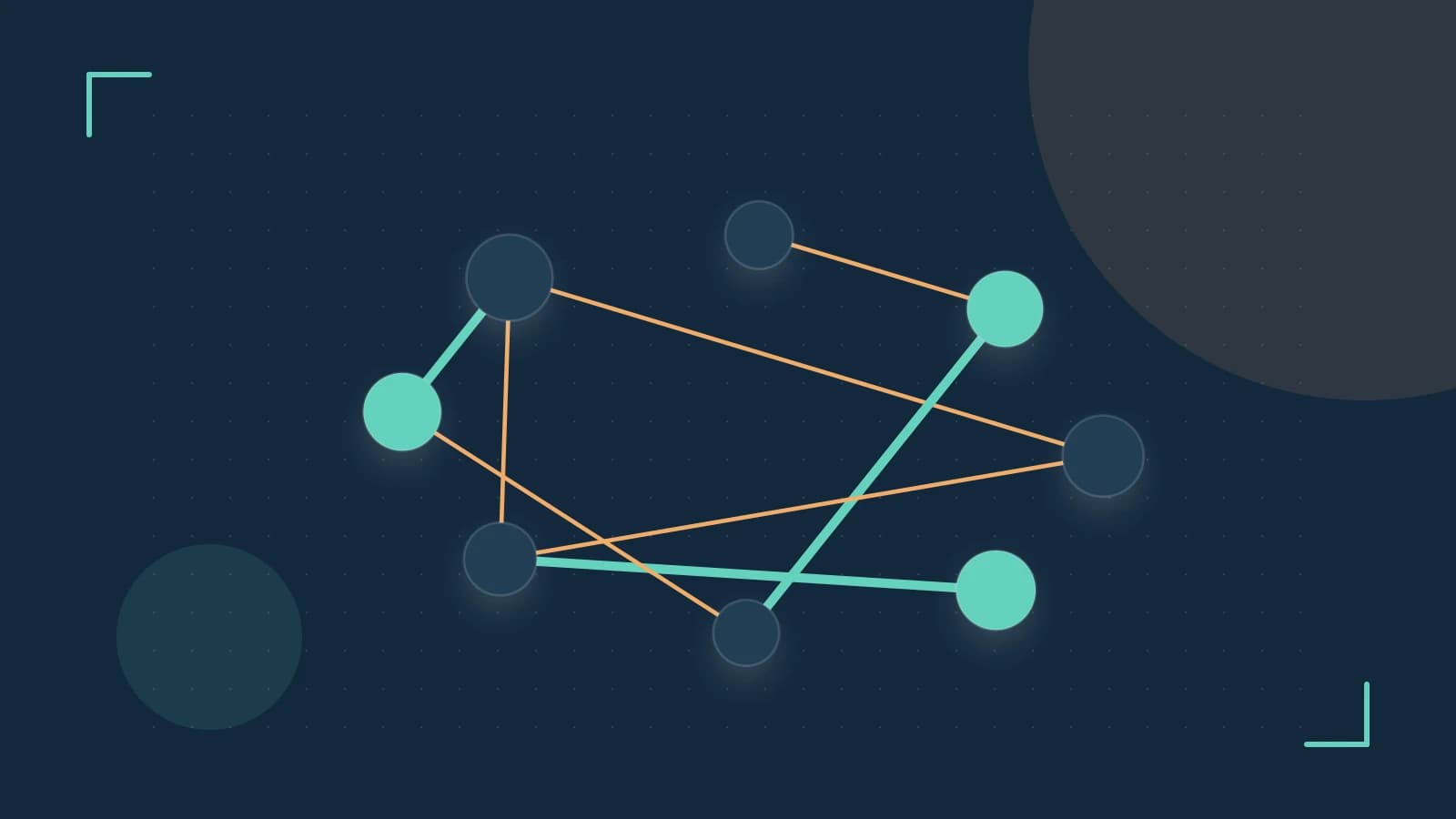 Editorial illustration of an algorithmic node graph with branching paths and a highlighted result